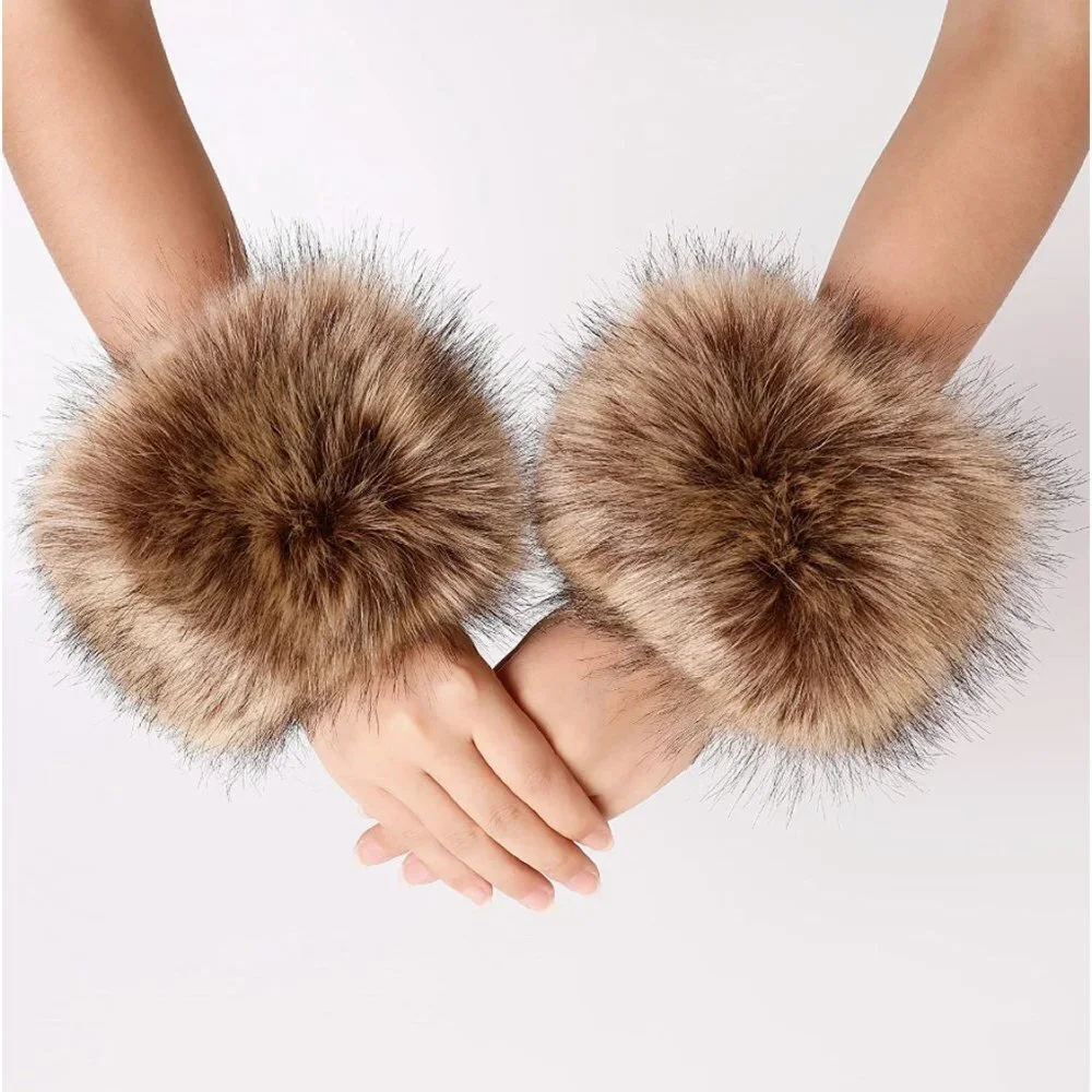 Brown Fuzzy Faux Fur Pom Pom Wrist Cuffs Furry Bands Arm‎ Warmers Boot Covers
